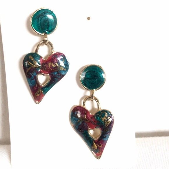 Heart Swirl Painted Enamel Retro Style Pierced Dangle Earrings - Picture 2 of 5